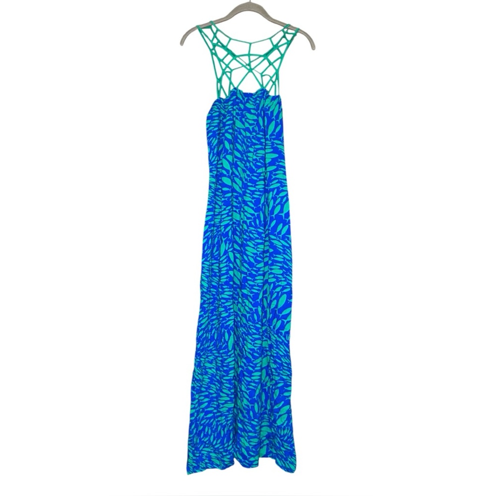 Vintage Fish Print Maxi Dress Strappy Cutouts Large Blue Green Tropical